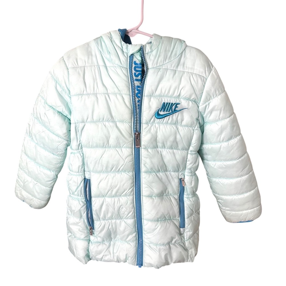 Nike Toddler Girl Light Blue Hooded Puffer Jacket Fleece Lined Size 4 XS